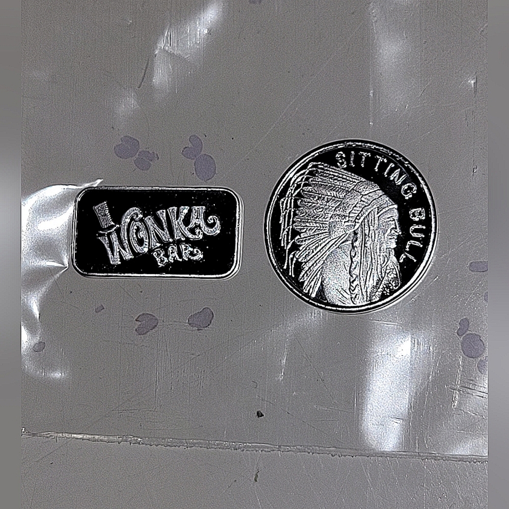 RARE PURE SILVER WONKA / SITTING BULL NATIVE AMERICAN SILVER BAR / ROUND BUNDLE